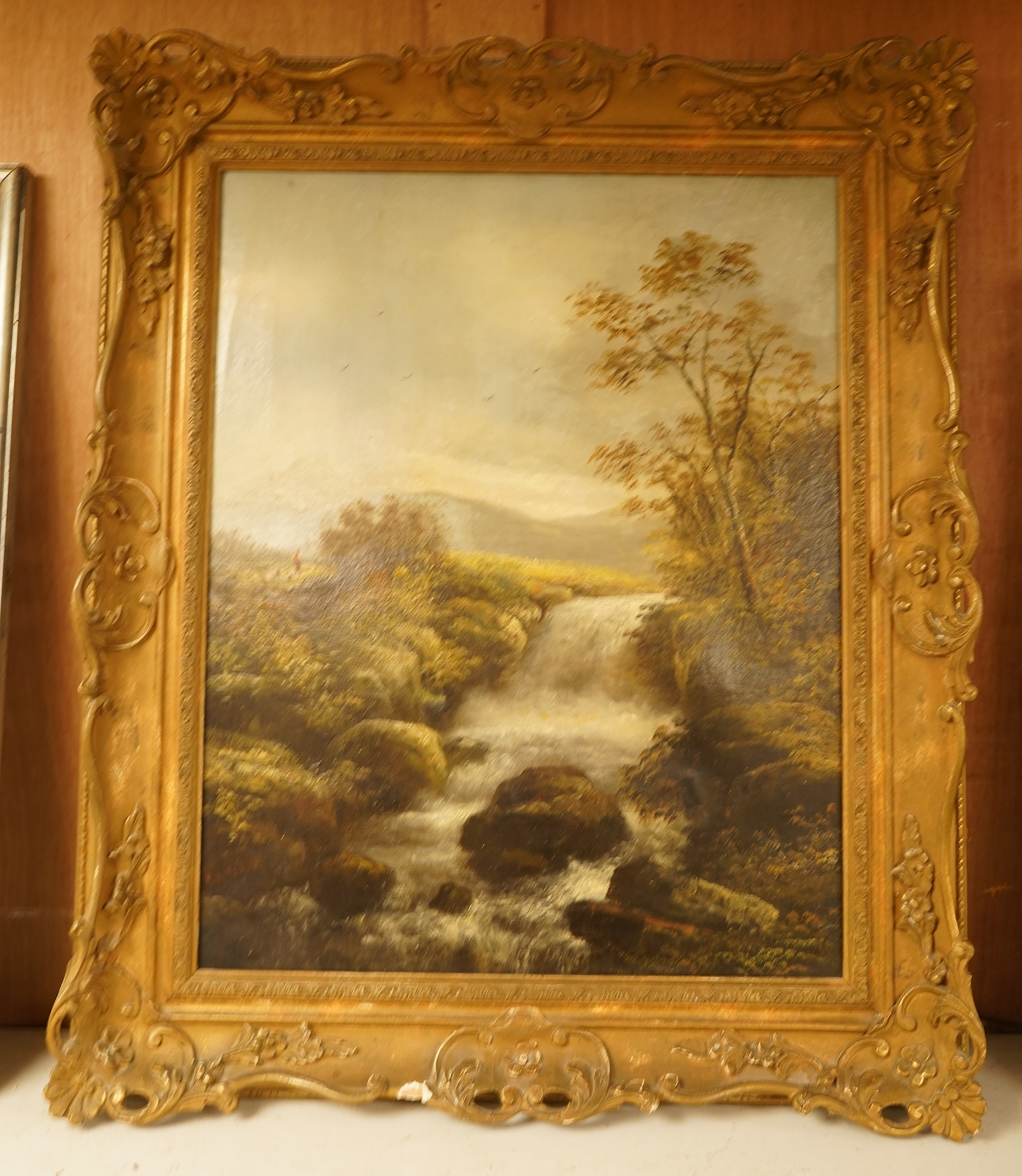 R. Marshall (19th / 20th. C), Landscape with waterfall, signed, oil on canvas, 49 x 39cm, ornate gilt frame